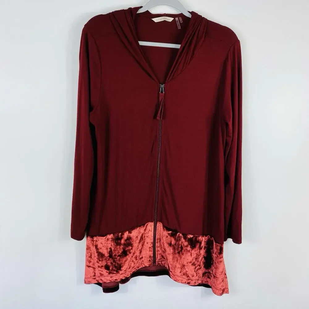Soft Surroundings Jacket Petite Medium Red Hooded Zip Velvet Hem 3AA15